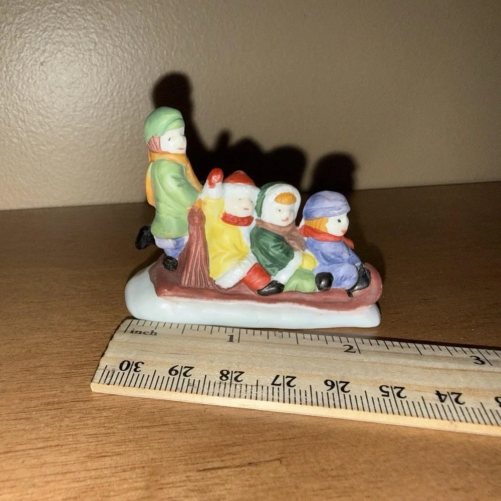 Vintage Ceramic Christmas Village Figurine Children Sledding Winter Decor